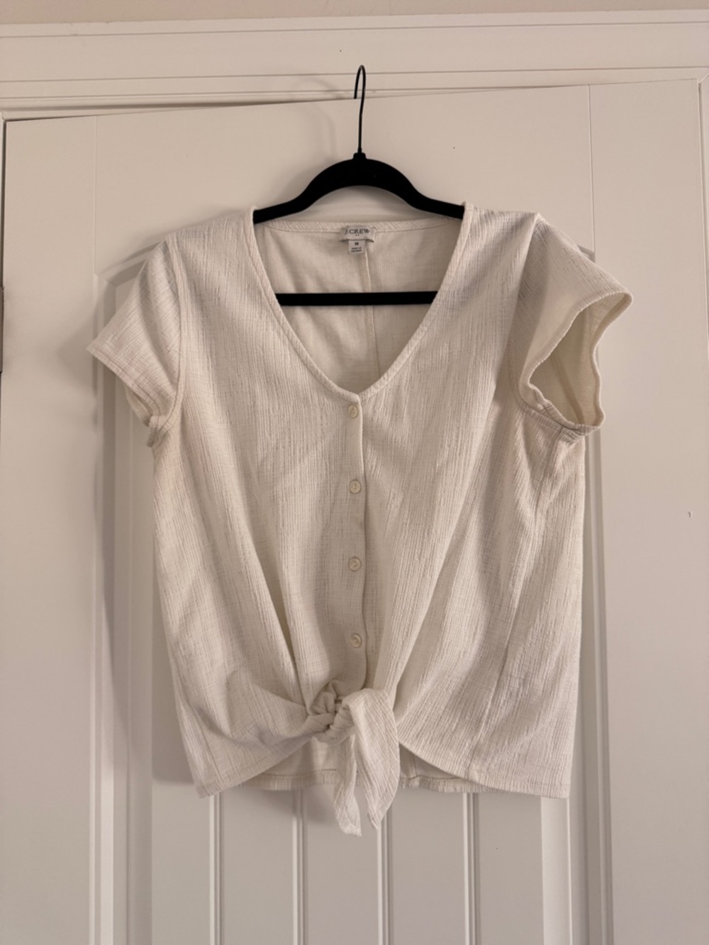 J.Crew Ivory Textured Tie Front Top Size Medium Short Sleeve Button Front Blouse